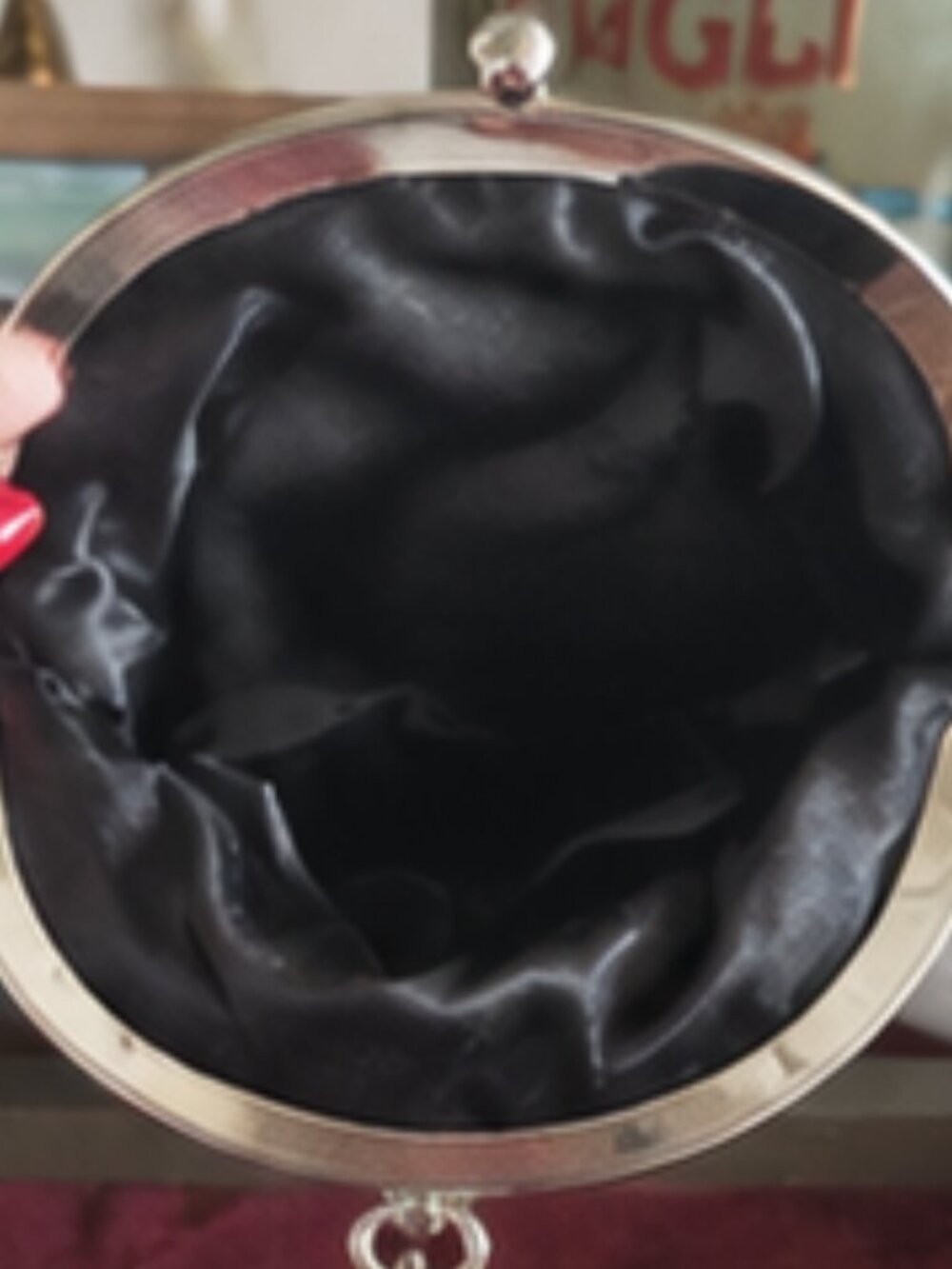 Black & Silver Satin Rose Evening Bag – Statement Ring Handle Clutch - Picture 3 of 4